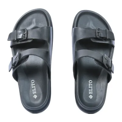 Mules homme ELITO EL-2669-N en cuir véritable noir avec deux brides réglables à boucles métalliques
