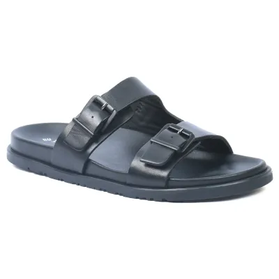 Mules homme ELITO EL-2669-N en cuir véritable noir avec deux brides réglables à boucles métalliques