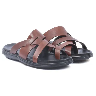Mules homme ELITO EL-26104-M en cuir véritable marron avec brides croisées et semelle EVA confortable.