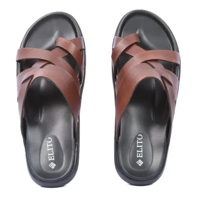 Mules homme ELITO EL-26104-M en cuir véritable marron avec brides croisées et semelle EVA confortable.