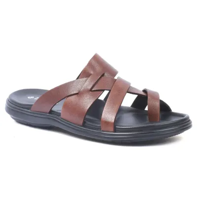 Mules homme ELITO EL-26104-M en cuir véritable marron avec brides croisées et semelle EVA confortable.