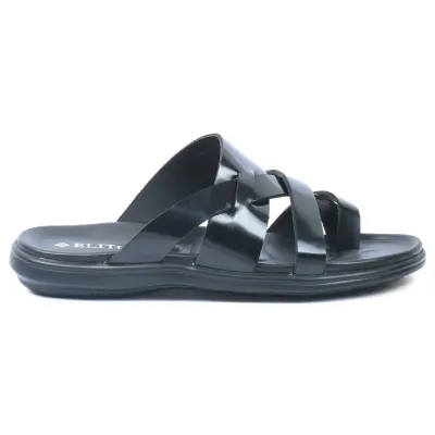 Mules homme ELITO EL-26104-N en cuir véritable noir avec brides croisées et semelle EVA confortable.