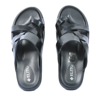 Mules homme ELITO EL-26104-N en cuir véritable noir avec brides croisées et semelle EVA confortable.