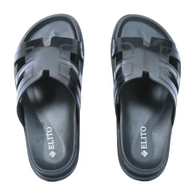 Mules homme ELITO EL-26103-N en cuir véritable noir avec bride large ajourée et semelle EVA confortable.