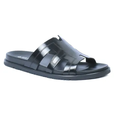 Mules homme ELITO EL-26103-N en cuir véritable noir avec bride large ajourée et semelle EVA confortable.