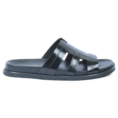 Mules homme ELITO EL-26103-N en cuir véritable noir avec bride large ajourée et semelle EVA confortable.