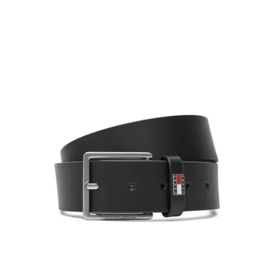 Ceinture homme Tommy Jeans Flag Leather 4.0 Noir AM0AM13416-BDS en cuir véritable avec boucle métallique carrée