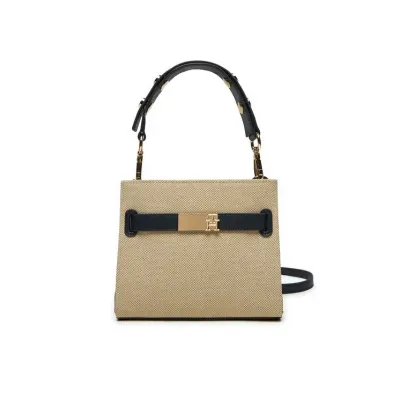 Sac à main femme Tommy Hilfiger Heritage Mini Satchel Bleu Marine et Beige AW0AW17381-DW6 avec rabat magnétique