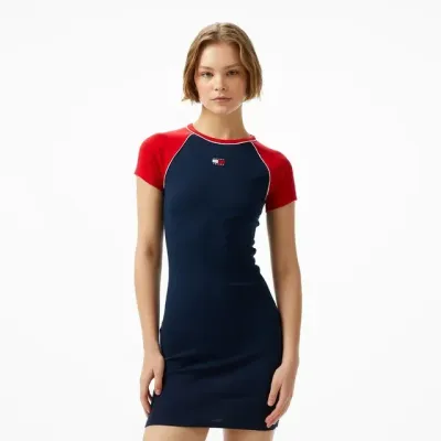 Robe Tommy Jeans femme bleu marine et rouge coupe près du corps à manches courtes avec logo brodé - DW0DW19468 C1G