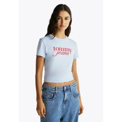 T-shirt Tommy Jeans femme bleu ciel coupe slim en coton avec logo imprimé sur la poitrine - DW0DW19447 C3Q