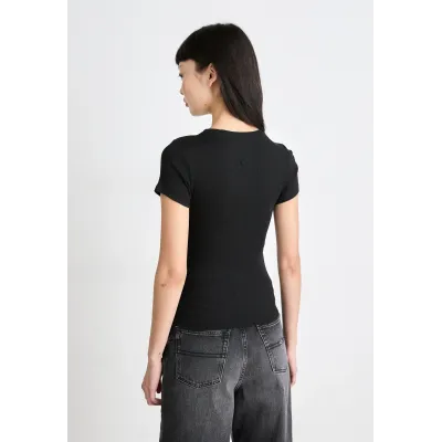 T-shirt Tommy Jeans femme noir coupe slim en coton côtelé avec logo imprimé sur la poitrine - DW0DW19435 BDS
