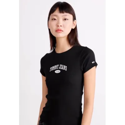 T-shirt Tommy Jeans femme noir coupe slim en coton côtelé avec logo imprimé sur la poitrine - DW0DW19435 BDS