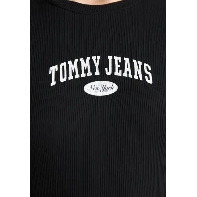 T-shirt Tommy Jeans femme noir coupe slim en coton côtelé avec logo imprimé sur la poitrine - DW0DW19435 BDS