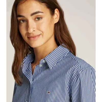 Chemise Tommy Jeans femme bleu marine à rayures blanches en coton avec logo brodé - DW0DW19354 0A7