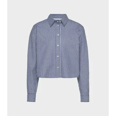 Chemise Tommy Jeans femme bleu marine à rayures blanches en coton avec logo brodé - DW0DW19354 0A7