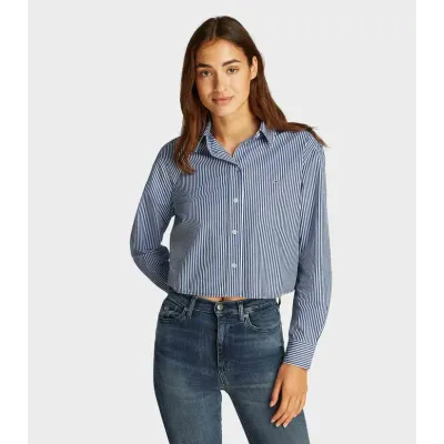 Chemise Tommy Jeans femme bleu marine à rayures blanches en coton avec logo brodé - DW0DW19354 0A7