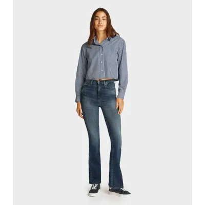 Chemise Tommy Jeans femme bleu marine à rayures blanches en coton avec logo brodé - DW0DW19354 0A7