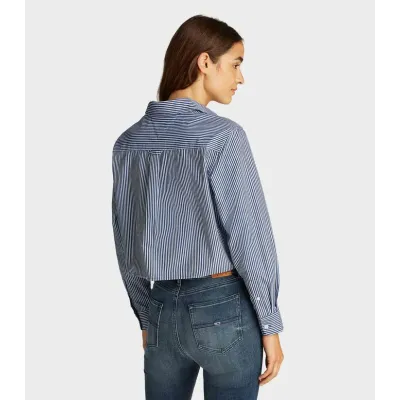 Chemise Tommy Jeans femme bleu marine à rayures blanches en coton avec logo brodé - DW0DW19354 0A7
