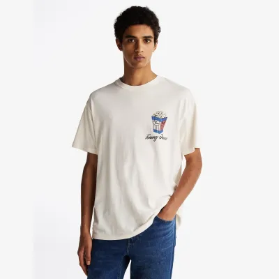 T-shirt Tommy Jeans homme écru en coton coupe regular imprimé Pop Corn grand imprimé graphique au dos - DM0DM20352 YBH