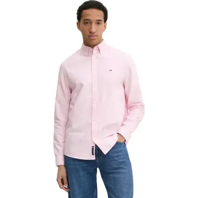 Chemise Tommy Jeans homme rose en coton Oxford à manches longues avec logo drapeau brodé sur la poitrine - DM0DM20667 TPF