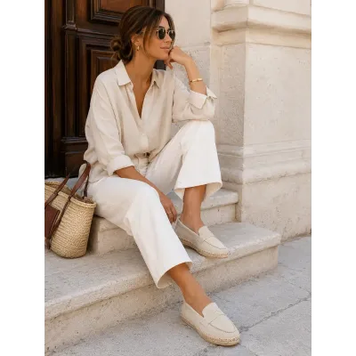 Mocassins espadrilles femme en 100 % cuir beige fabriqués à la main EMC100-DBG