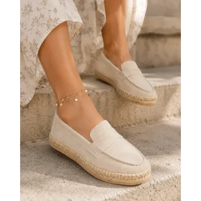 Mocassins espadrilles femme en 100 % cuir beige fabriqués à la main EMC100-DBG
