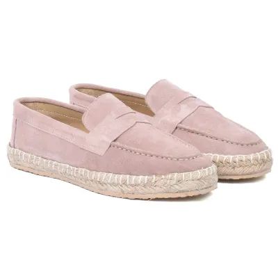 Mocassins espadrilles femme en 100 % cuir rose poudré fabriqués à la main EMC100-DRP