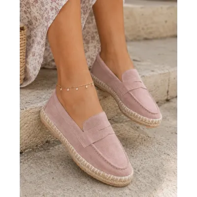 Mocassins espadrilles femme en 100 % cuir rose poudré fabriqués à la main EMC100-DRP