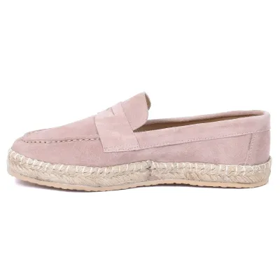 Mocassins espadrilles femme en 100 % cuir rose poudré fabriqués à la main EMC100-DRP