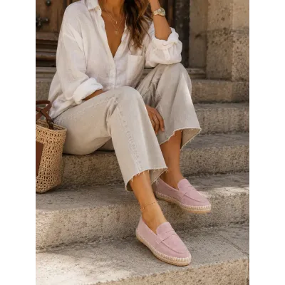 Mocassins espadrilles femme en 100 % cuir rose poudré fabriqués à la main EMC100-DRP