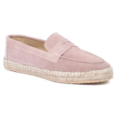 Mocassins espadrilles femme en 100 % cuir rose poudré fabriqués à la main EMC100-DRP