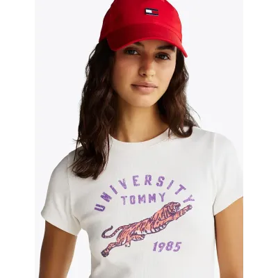 T-shirt Tommy Jeans Rib Uni Tiger Slim Fit blanc pour femme - DW0DW20162-YBL