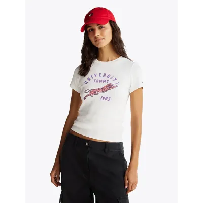 T-shirt Tommy Jeans Rib Uni Tiger Slim Fit blanc pour femme - DW0DW20162-YBL