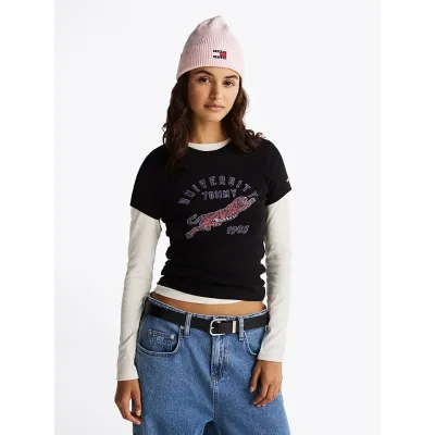 T-shirt Tommy Jeans Rib Uni Tiger Slim Fit noir pour femme - DW0DW20162-BDS