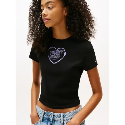 T-shirt Tommy Jeans Slim Short Heart noir pour femme - DW0DW21390-BDS