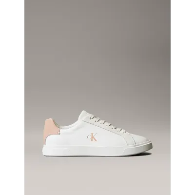 Baskets Calvin Klein Low Pro Cups Leather Monogram blanches et rose poudré pour femme - HW0HW02823-061