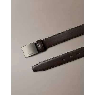 Ceinture Calvin Klein en cuir pleine fleur marron avec boucle plaque en métal brossé pour homme - LV04D7030G-YG1