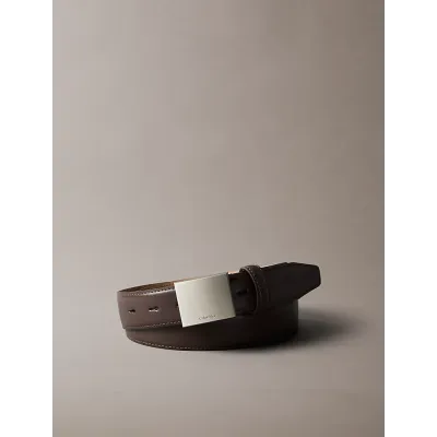Ceinture Calvin Klein en cuir pleine fleur marron avec boucle plaque en métal brossé pour homme - LV04D7030G-YG1