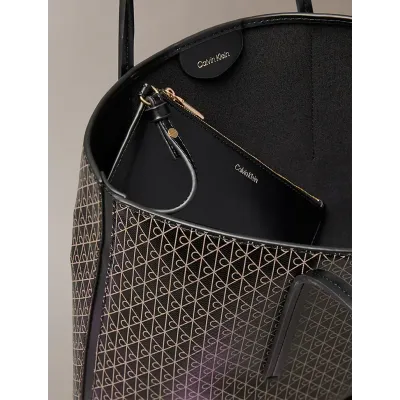 Sac cabas Calvin Klein Emblem AOP Small Tote noir et beige avec pochette amovible pour femme - LV04F3267G-2XA