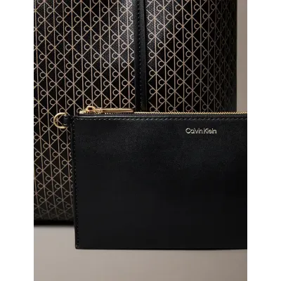 Sac cabas Calvin Klein Emblem AOP Small Tote noir et beige avec pochette amovible pour femme - LV04F3267G-2XA