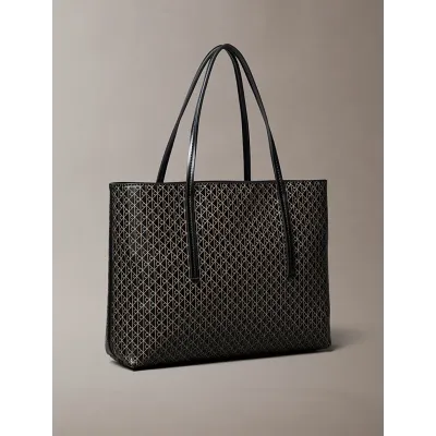 Sac cabas Calvin Klein Emblem AOP Small Tote noir et beige avec pochette amovible pour femme - LV04F3267G-2XA