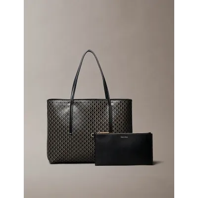 Sac cabas Calvin Klein Emblem AOP Small Tote noir et beige avec pochette amovible pour femme - LV04F3267G-2XA