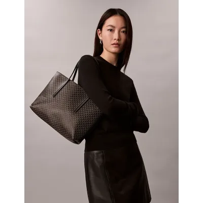 Sac cabas Calvin Klein Emblem AOP Small Tote noir et beige avec pochette amovible pour femme - LV04F3267G-2XA