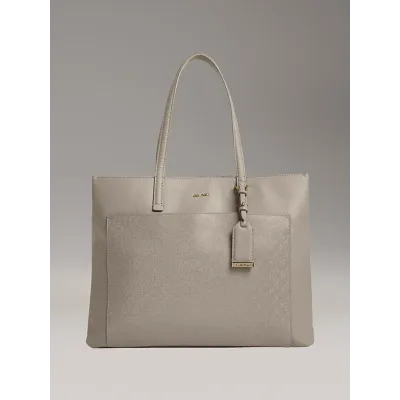 Sac cabas Calvin Klein CK Must AOP Medium Shopper beige avec poche extérieure pour femme - LV04F3225G-RMU