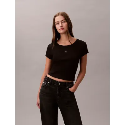 T-shirt Calvin Klein slim en coton côtelé noir avec badge logo pour femme, référence LV047C200G-UB1