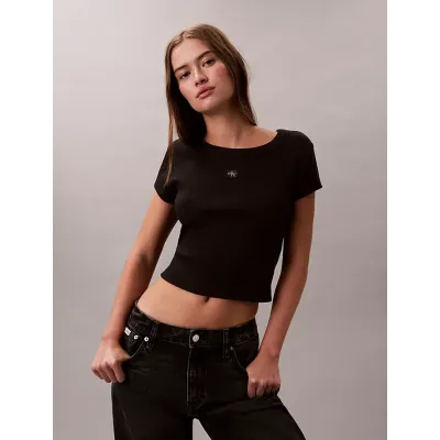 T-shirt Calvin Klein slim en coton côtelé noir avec badge logo pour femme, référence LV047C200G-UB1