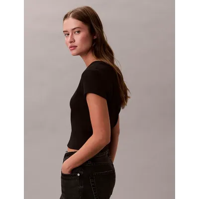 T-shirt Calvin Klein slim en coton côtelé noir avec badge logo pour femme, référence LV047C200G-UB1