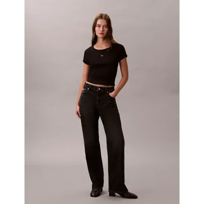 T-shirt Calvin Klein slim en coton côtelé noir avec badge logo pour femme, référence LV047C200G-UB1