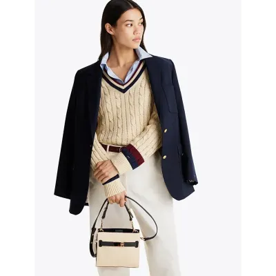 Sac à main femme Tommy Hilfiger Heritage Mini Satchel Bleu Marine et Beige AW0AW17381-DW6 avec rabat magnétique