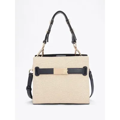 Sac à main femme Tommy Hilfiger Heritage Mini Satchel Bleu Marine et Beige AW0AW17381-DW6 avec rabat magnétique